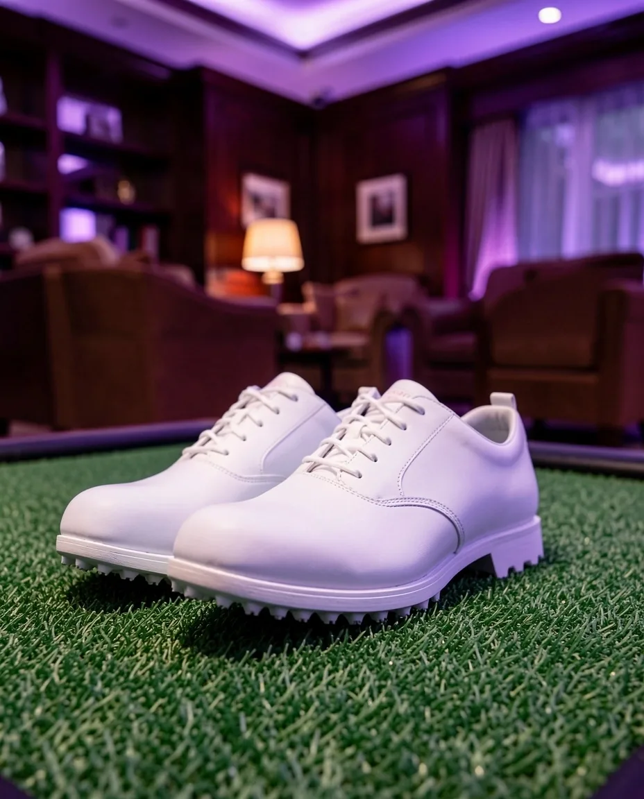Czyste buty golfowe ze spikami soft na stanowisku fittingowym