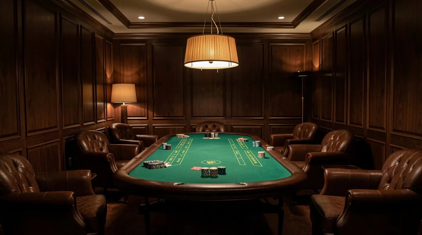 Wnętrze poker lounge w Riandil — stół do gry z oświetleniem i skórzanymi fotelami